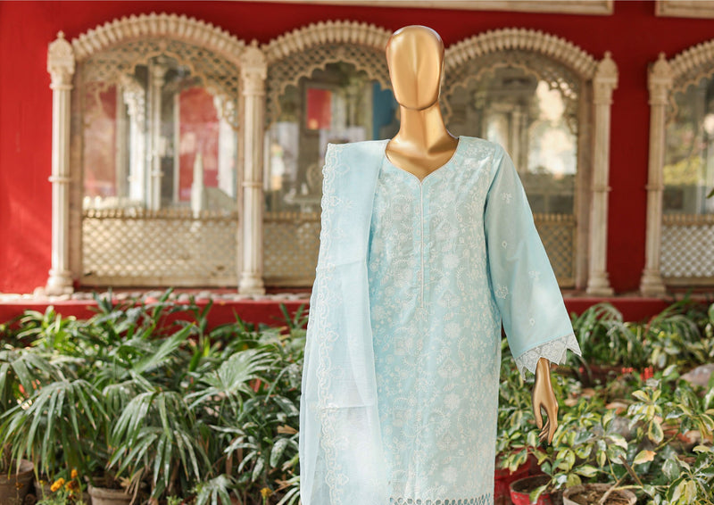 Festive Lawn-kari - Stitched embroidered 3piece with emb organza net dupatta - Ferozi