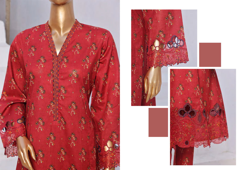 Lawn Frock Style – Stitched Embroidered 3piece with Cutwork  - Maroon