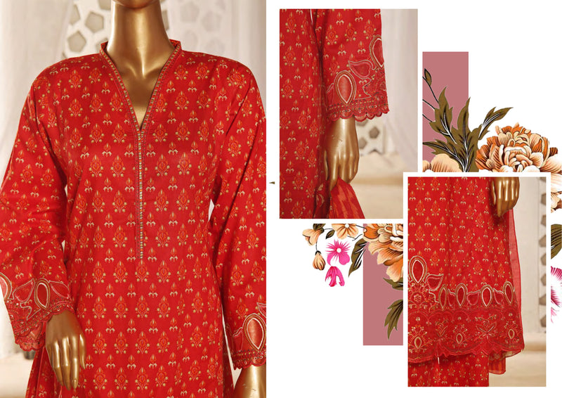 Lawn Frock Style – Stitched Embroidered 3piece with Cutwork  - Red