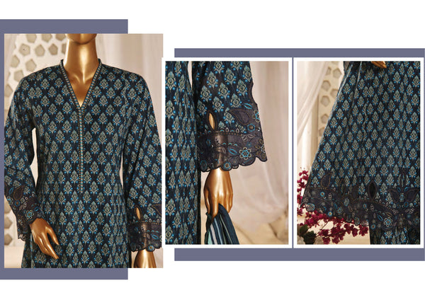 Lawn Frock Style – Stitched Embroidered 3piece with Cutwork  - Blue
