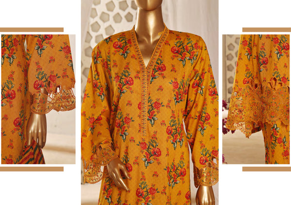 Lawn Frock Style – Stitched Embroidered 3piece with Cutwork  - Yellow