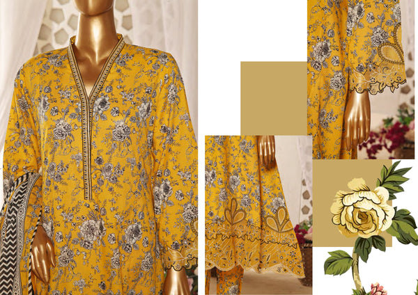 Lawn Frock Style – Stitched Embroidered 3piece with Cutwork  - Yellow