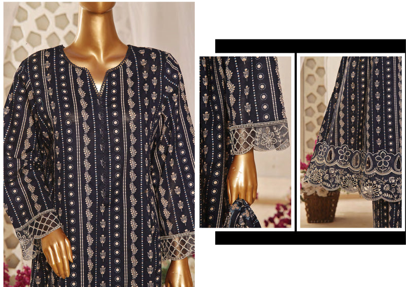 Lawn Frock Style – Stitched Embroidered 3piece with Cutwork  - N.Blue