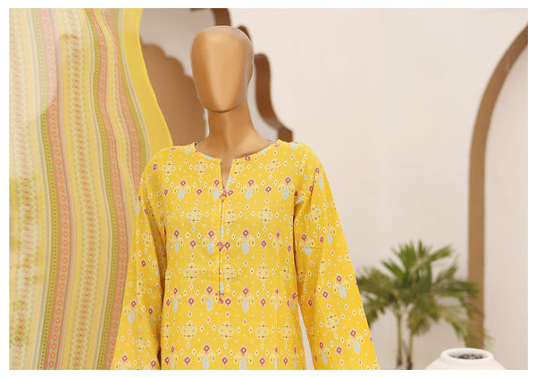 Lawn - Stitched Printed 3piece with Chiffon Dupatta - Yellow