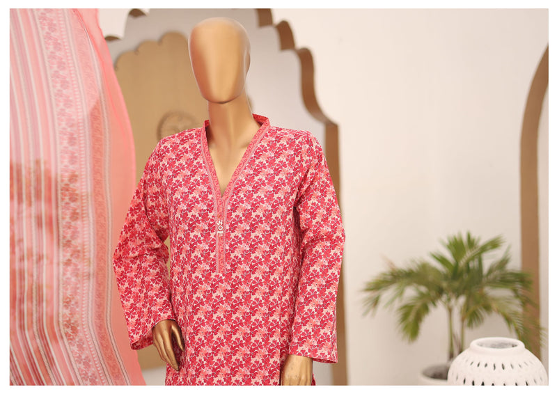 Lawn - Stitched Printed 3piece with Chiffon Dupatta - Pink