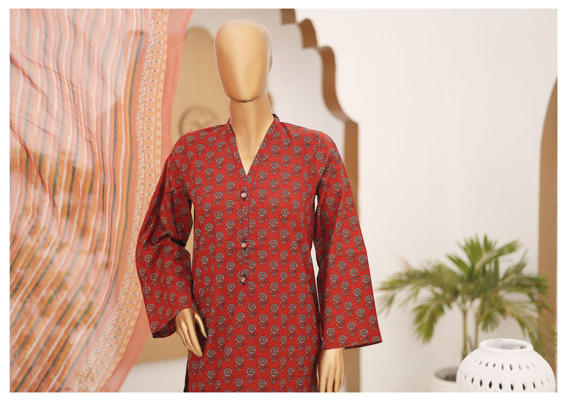 Lawn - Stitched Printed 3piece with Chiffon Dupatta - Maroon