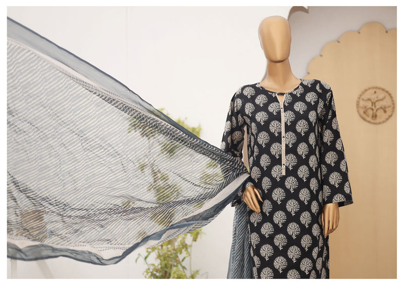 Lawn - Stitched Printed 3piece with Chiffon Dupatta - Black