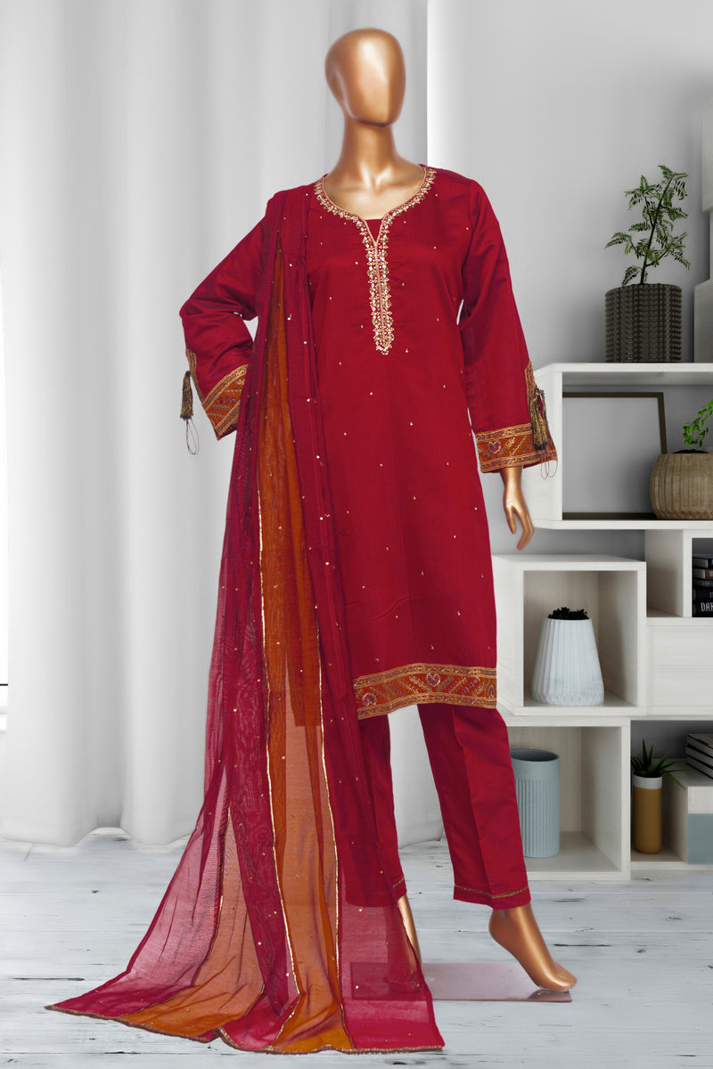 Cotton Net - Stitched Embroidered Kurti & Dupatta with Hand work - Red
