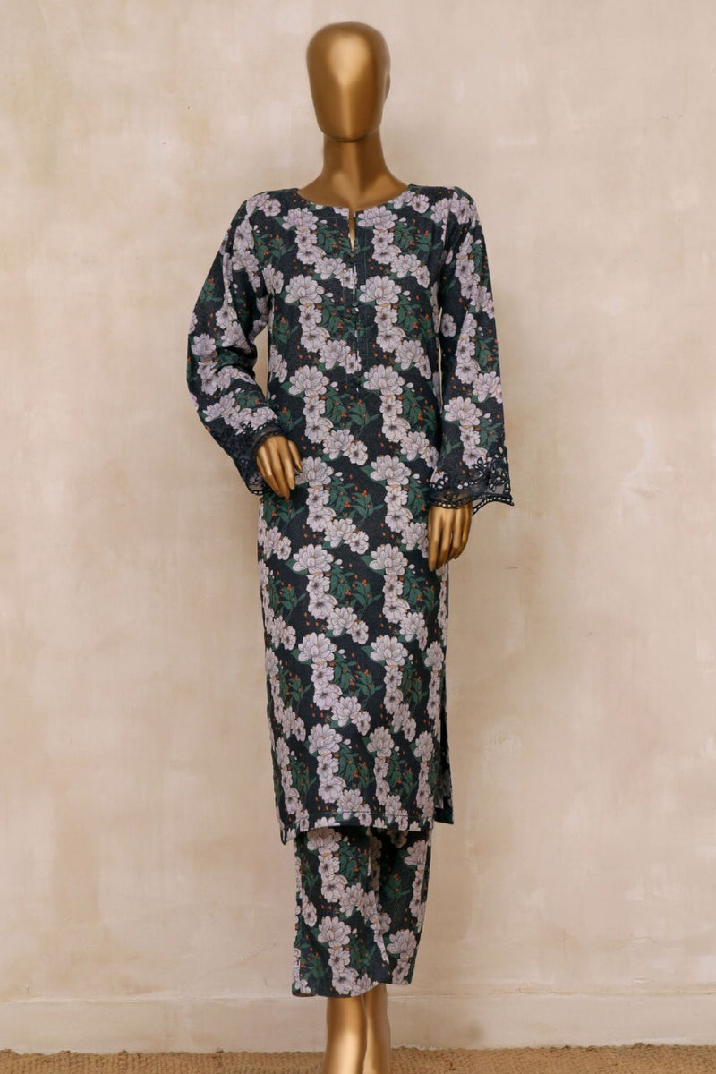 Karandi Co-ords - Stitched Printed Kurti & Trouser with Embroidered Cutwork on Sleeves - D.Blue
