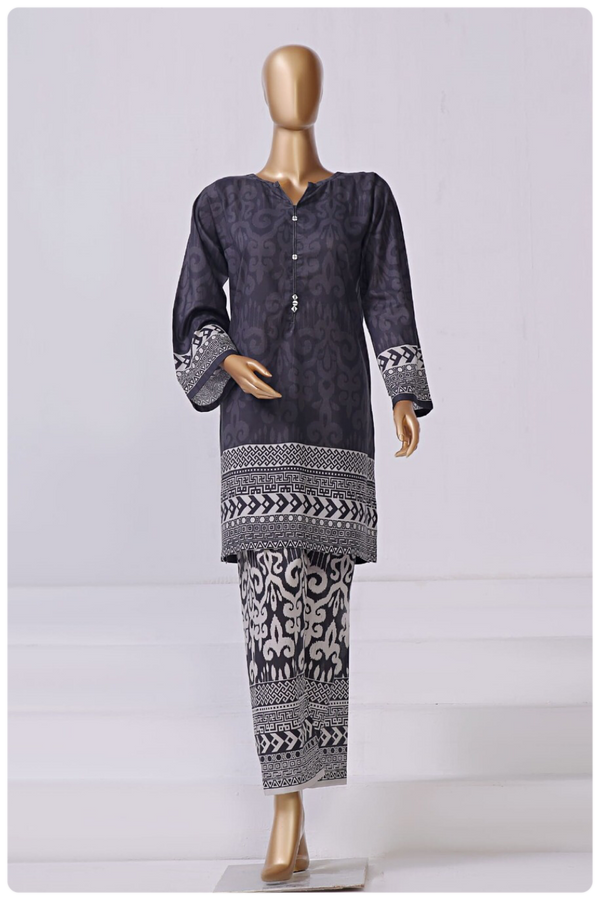 Lawn Co-ords - Stitched Printed Kurti & Trouser with Lace work - Black