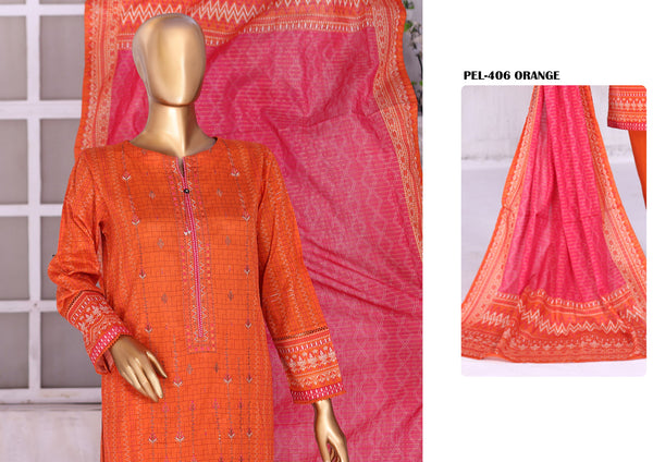 Lawn - Stitched Embroidered 3piece With Lace Work  - Orange