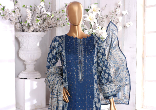 Lawn - Stitched Embroidered 3piece With Lace Work  - Blue