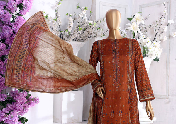 Lawn - Stitched Embroidered 3piece With Lace Work  - Rust