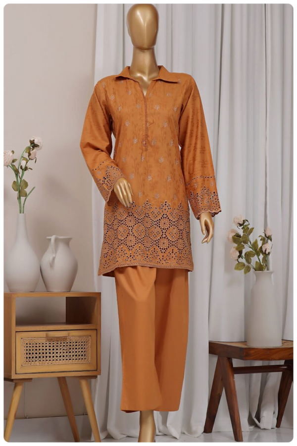 Cotton Jacqaurd Co-Ords - Stitched Embroidered 3piece with Schiffli work - Mustard