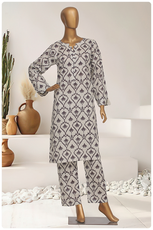 Cotton Co-ords - Stitched Printed Kurti & Trouser with Lace work - Cream Black