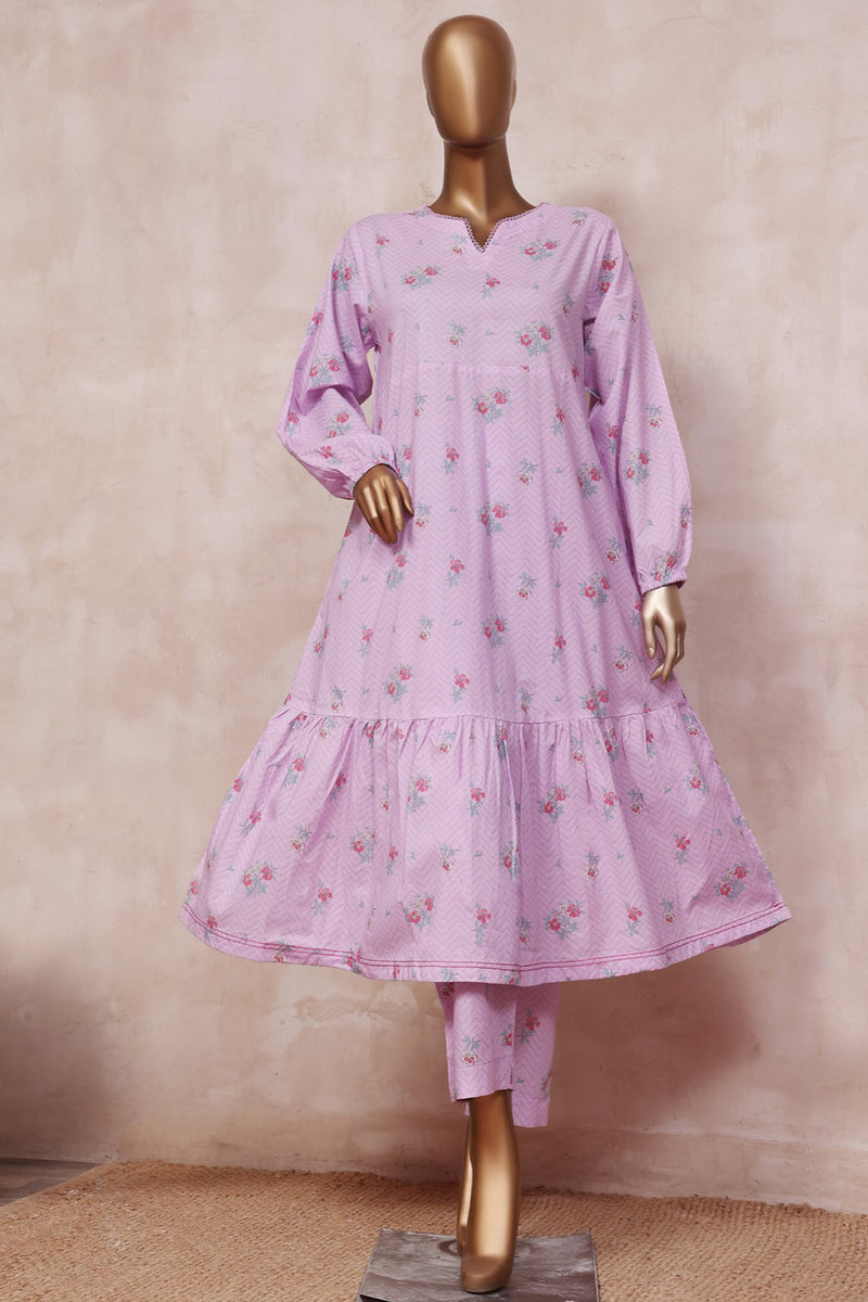 Lawn Co-ords - Stitched Printed Long frock style Kurti & Trouser with Lace work - Lilac