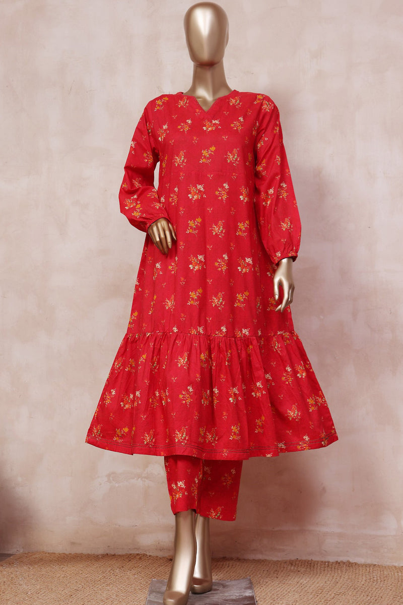 Lawn Co-ords - Stitched Printed Long frock style Kurti & Trouser with Lace work - Red