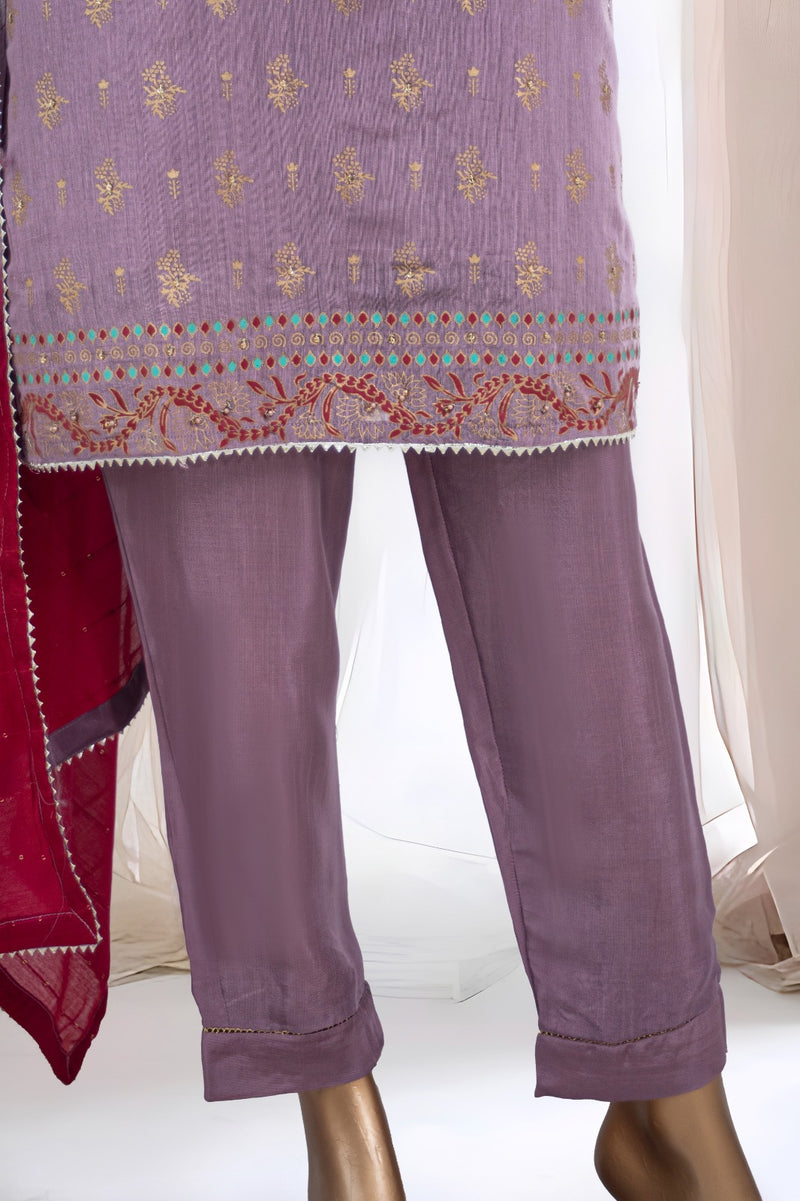 Paper Cotton - Stitched Embroidered & Block Printed 3piece with Hand work - Plum