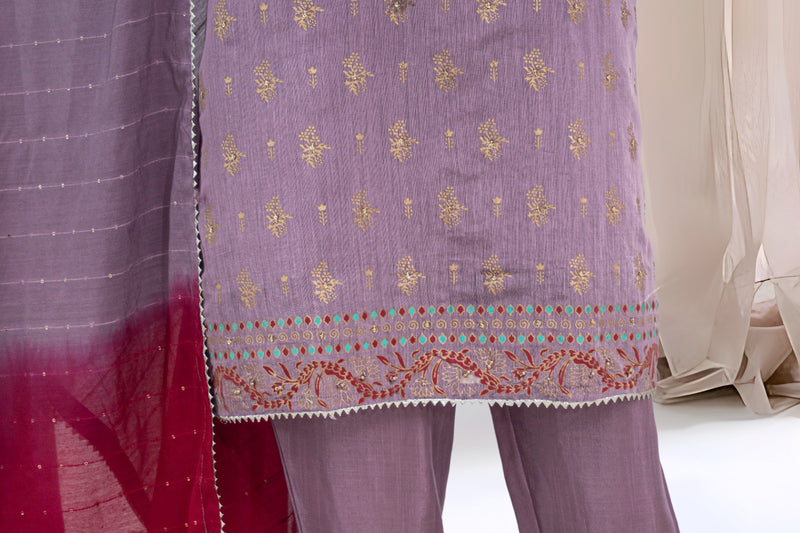 Paper Cotton - Stitched Embroidered & Block Printed 3piece with Hand work - Plum