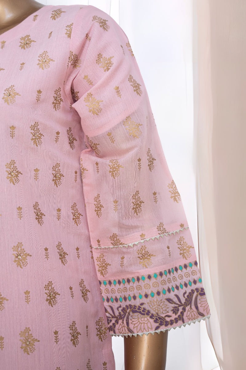 Paper Cotton - Stitched Embroidered & Block Printed 3piece with Hand work - Pink
