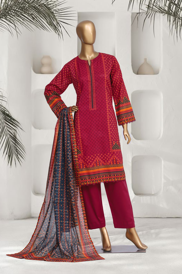 Lawn - Stitched Printed 3piece with Lace work - Fuchsia