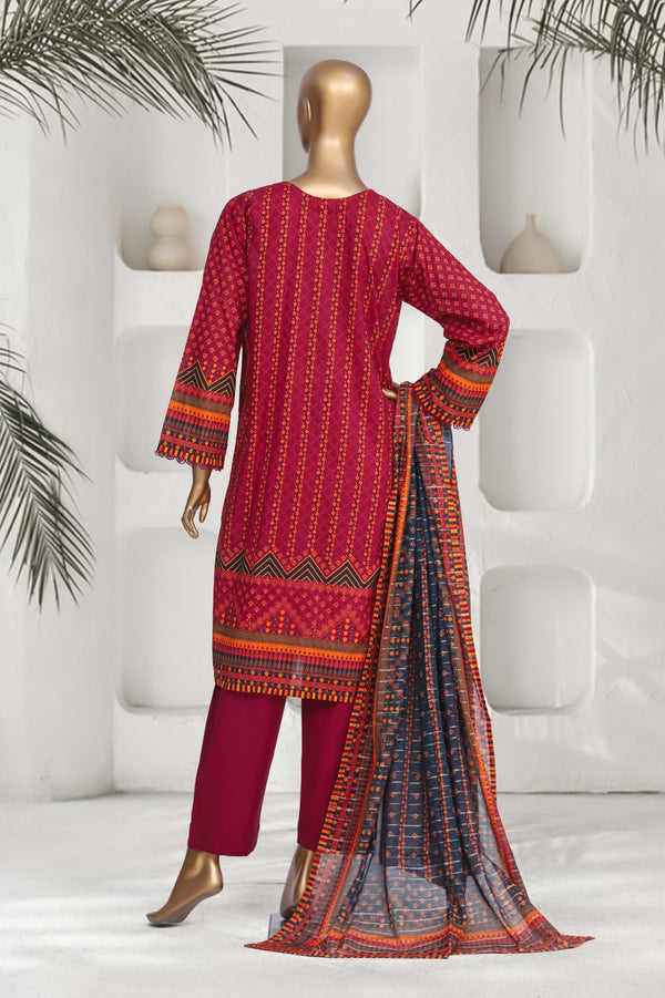 Lawn - Stitched Printed 3piece with Lace work - Fuchsia