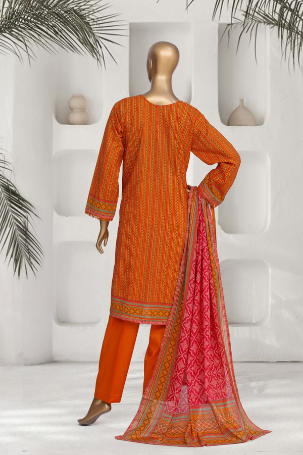 Lawn - Stitched Printed 3piece with Lace work - Orange