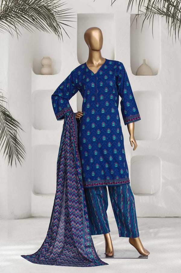 Lawn - Stitched Printed 3piece with Lace work - R.Blue