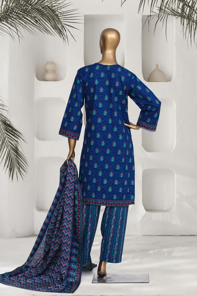 Lawn - Stitched Printed 3piece with Lace work - R.Blue