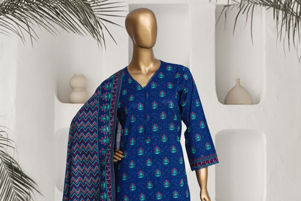 Lawn - Stitched Printed 3piece with Lace work - R.Blue