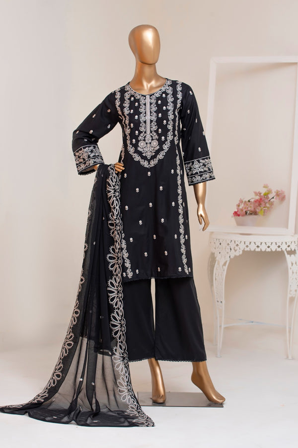 Lawn Festive - Stitched Embroidered 3piece with Embroidered Chiffon Dupatta  - Black