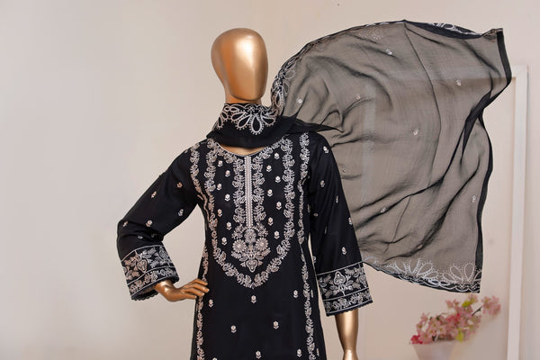 Lawn Festive - Stitched Embroidered 3piece with Embroidered Chiffon Dupatta  - Black