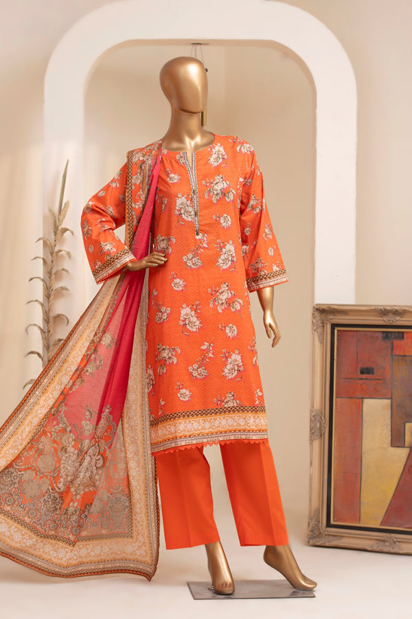 Lawn - Stitched Printed 3piece with Lace work - Orange