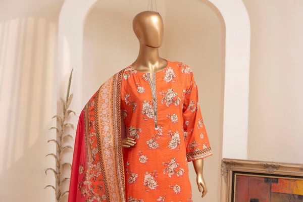 Lawn - Stitched Printed 3piece with Lace work - Orange