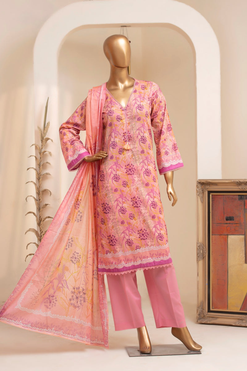 Lawn - Stitched Printed 3piece with Lace work - D.Pink