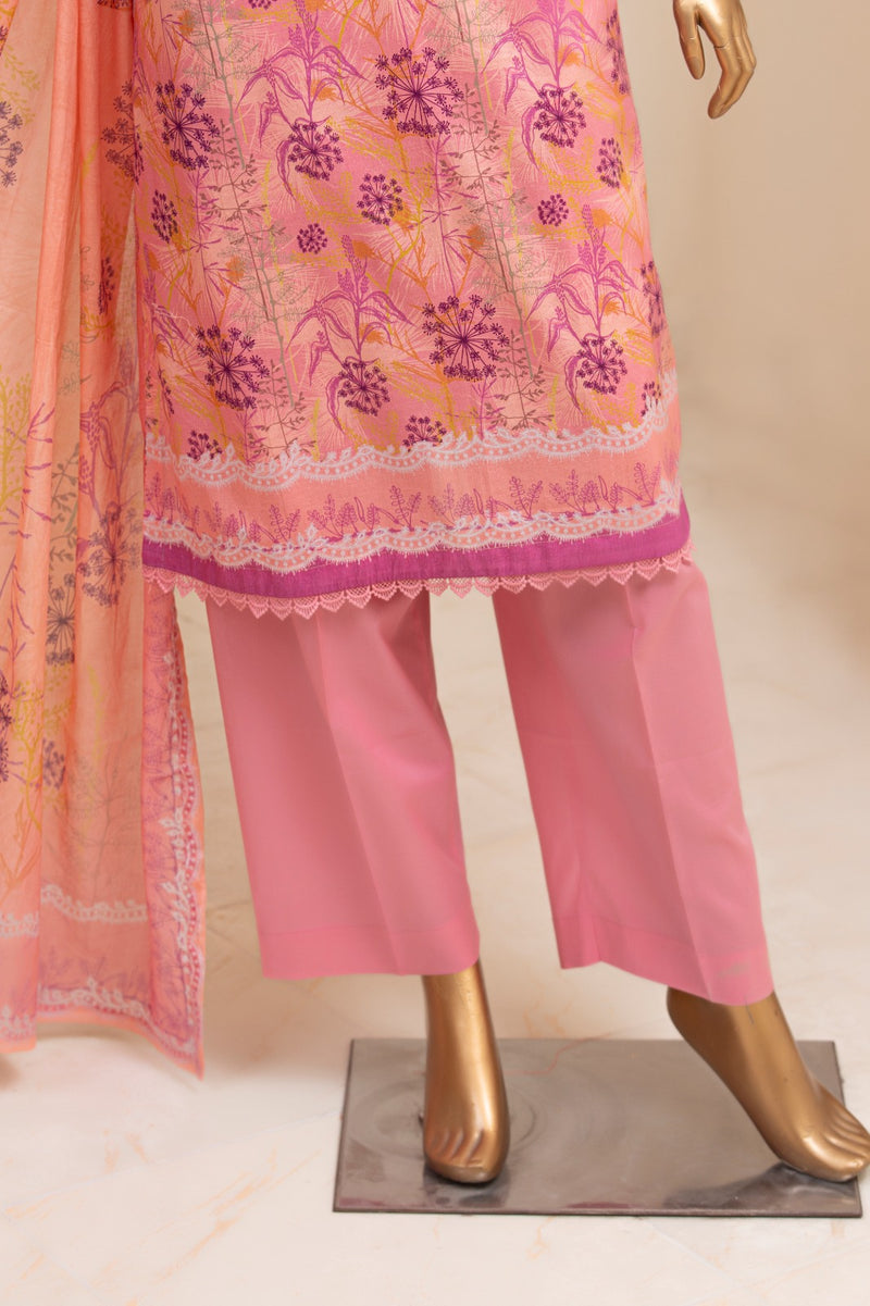 Lawn - Stitched Printed 3piece with Lace work - D.Pink