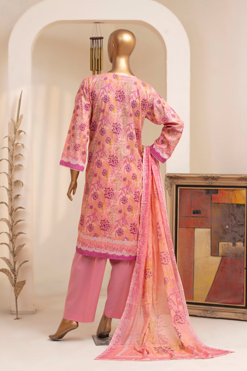 Lawn - Stitched Printed 3piece with Lace work - D.Pink