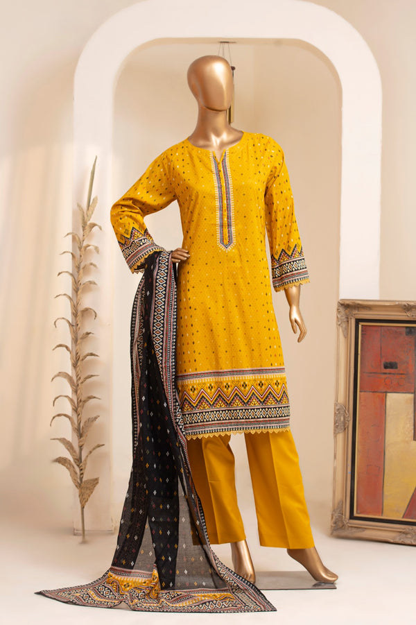 Lawn - Stitched Printed 3piece with Lace work - Yellow