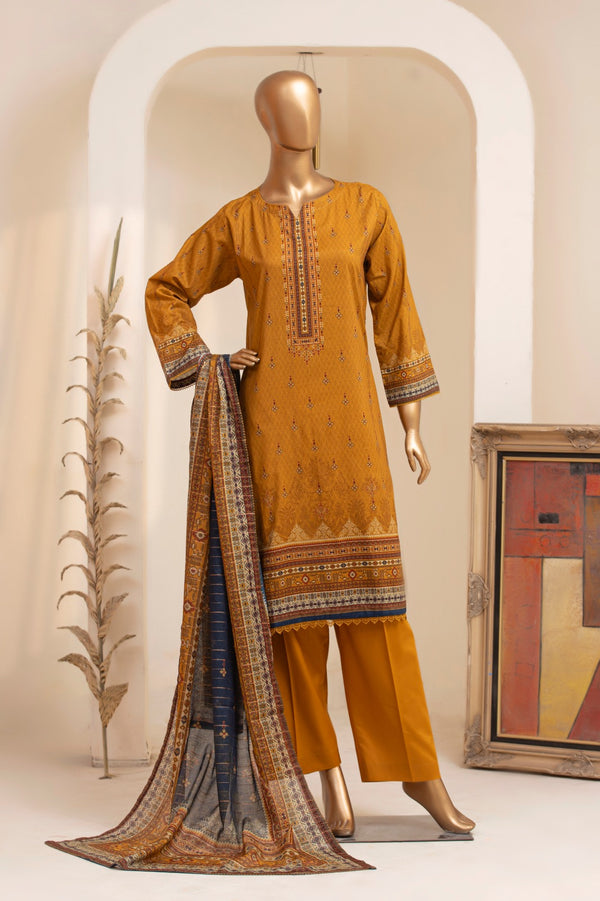 Lawn - Stitched Printed 3piece with Lace work - Mustard