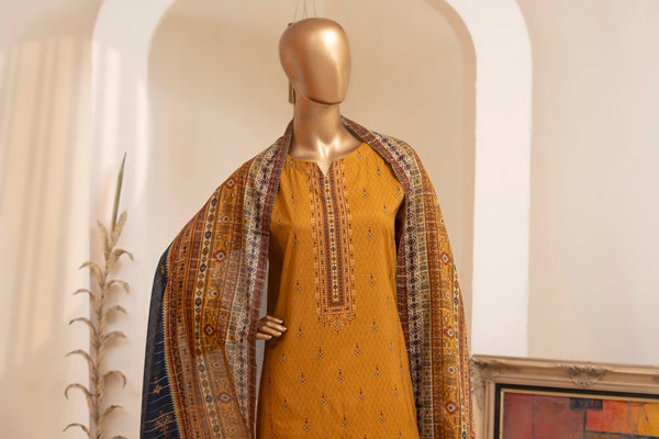 Lawn - Stitched Printed 3piece with Lace work - Mustard