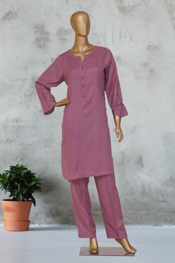 Self Lawn | Solid Co-Ords - Stitched Kurti & Trouser with Lace Work - T.Pink