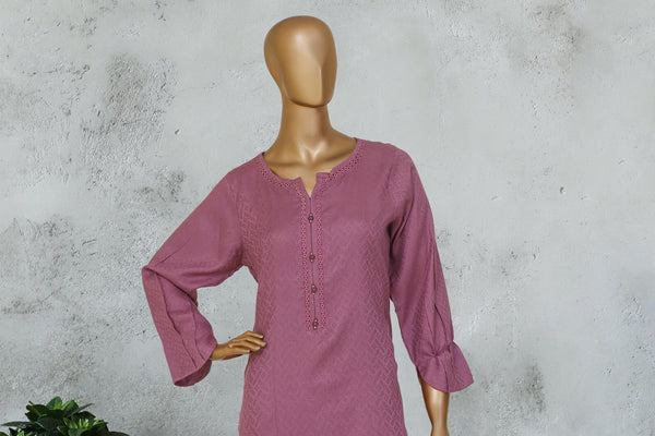 Self Lawn | Solid Co-Ords - Stitched Kurti & Trouser with Lace Work - T.Pink