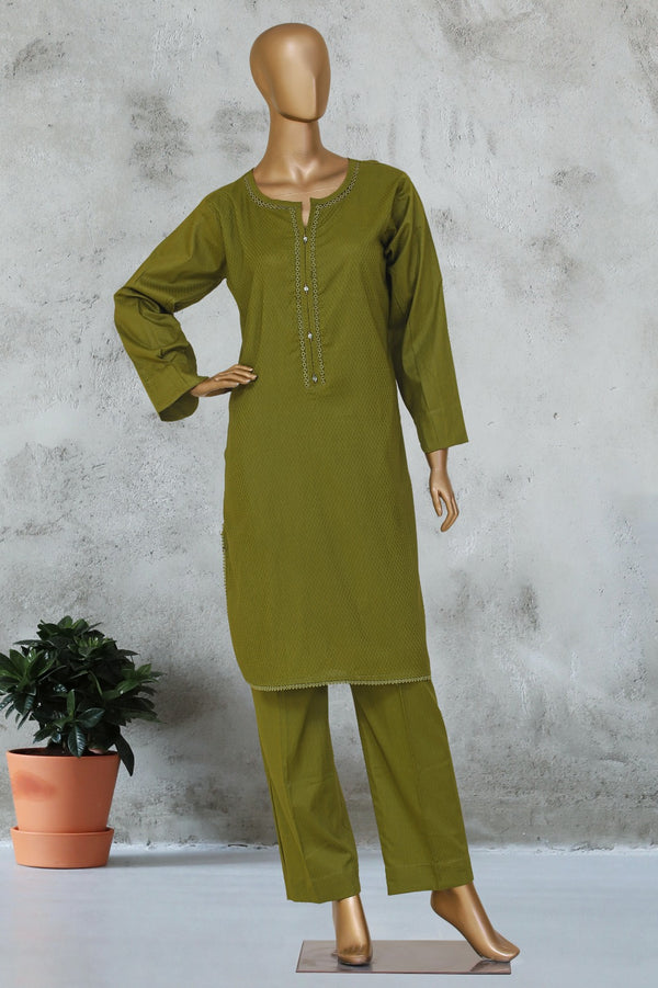 Self Lawn | Solid Co-Ords - Stitched Kurti & Trouser with Lace Work - Dhani