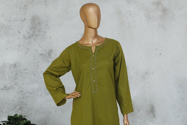 Self Lawn | Solid Co-Ords - Stitched Kurti & Trouser with Lace Work - Dhani