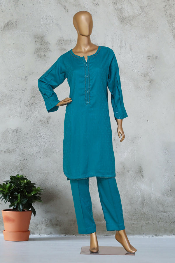 Self Lawn | Solid Co-Ords - Stitched Kurti & Trouser with Lace Work - T.Blue