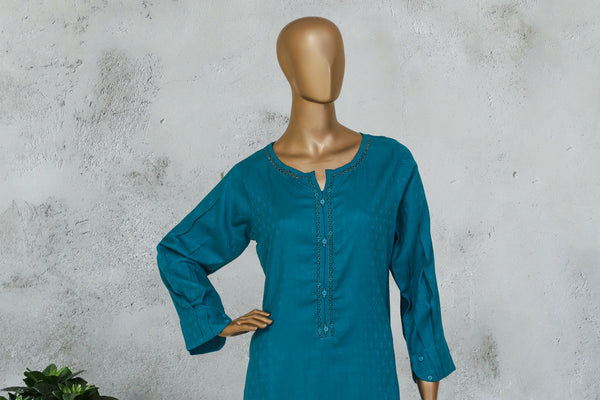 Self Lawn | Solid Co-Ords - Stitched Kurti & Trouser with Lace Work - T.Blue