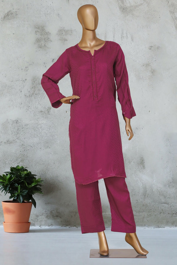 Self Lawn | Solid Co-Ords - Stitched Kurti & Trouser with Lace Work - Fuchsia