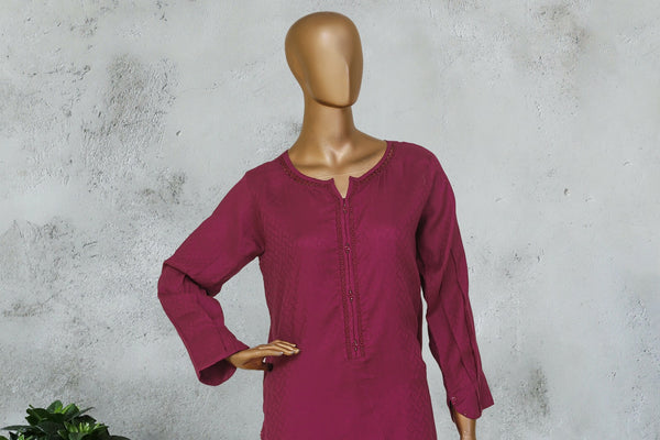 Self Lawn | Solid Co-Ords - Stitched Kurti & Trouser with Lace Work - Fuchsia