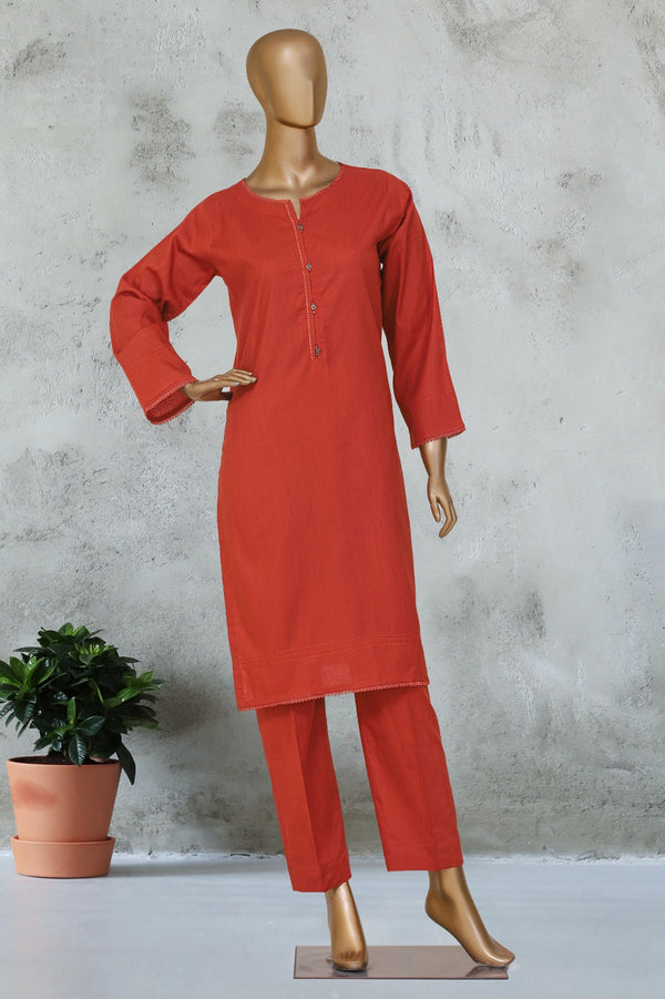 Self Lawn | Solid Co-Ords - Stitched Kurti & Trouser with Lace Work - Rust