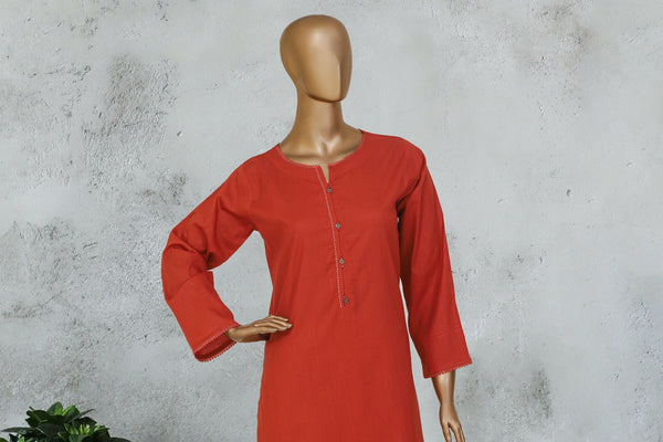 Self Lawn | Solid Co-Ords - Stitched Kurti & Trouser with Lace Work - Rust